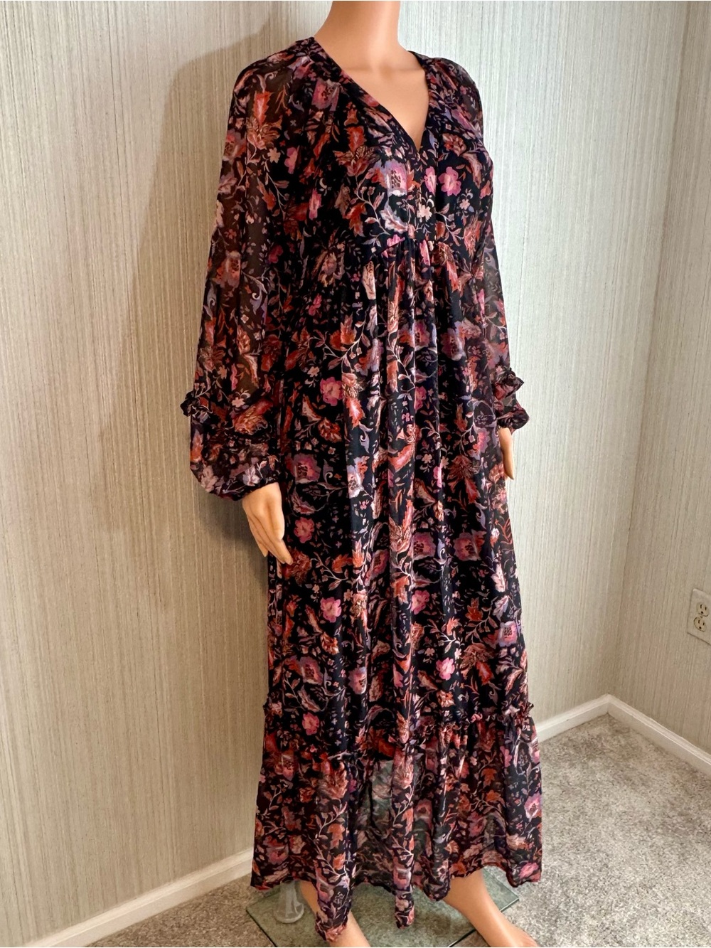 NWT Grace + Karma Black Floral Empire Waist Flowy Floral Tiered Maxi Dress Med